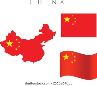 Bandeira de design plana da República Popular da China. Bandeira de design plana da República Popular da China. Bandeira chinesa no mapa da China isolada sobre fundo branco. 