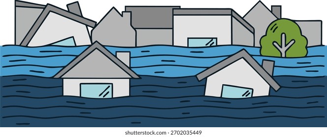 Diseño plano de inundación, desastre natural y medio ambiente. Clima de alerta y crisis climática.