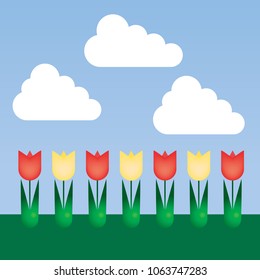 Flat design floral bed with tulips and colorful flowers with green leaves on lawn, under blue sky with clouds, with space for your text - vector