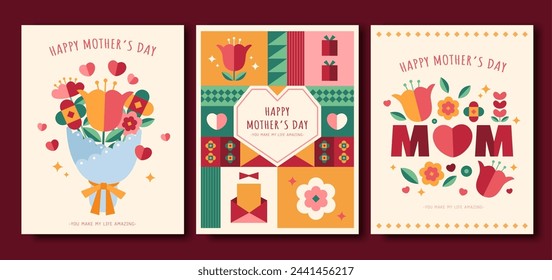 Flat design floral Mother's day template set isolated on dark red background.