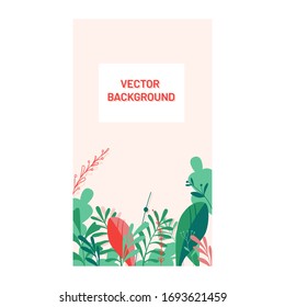 Flat design floral vector background. Green and red exotic plants