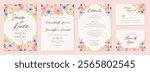 Flat design of floral wedding invitation template. Set of vector illustration wedding invitation template with pink purple flowers decorations.