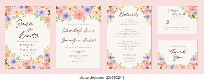 Flat design of floral wedding invitation template. Set of vector illustration wedding invitation template with pink purple flowers decorations.