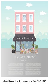 Flat design flower shop with pink building and city on the background decorated with flower, plant and pots. Vector illustration.  