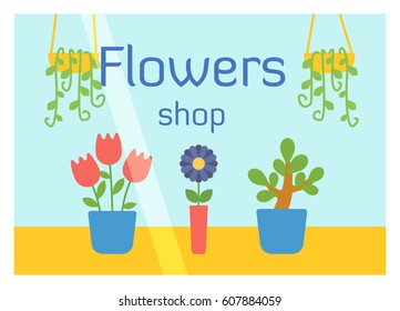 Flat design flowers shop facade icon store modern awning architecture window exterior and market front urban business showcase house vector illustration.