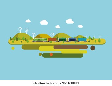 Flat design flying island with train. Cargo delivery concept.