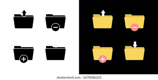 Flat design folder icons with upload, download, add, and remove symbols in black and white and colorful style, representing file storage and data management.