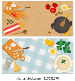 Flat design food and cooking banner of Italian traditional cuisine, pasta recipe. It may be well used to illustrate a food blog, the restaurant's menu, cover cookbooks.