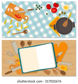 Flat design food and cooking banner. It may be well used to illustrate a food blog, the restaurant's menu, cover cookbooks.