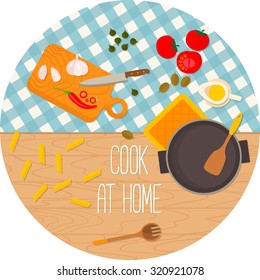 Flat design food and cooking round banner. It may be well used to illustrate a food blog, the restaurant's menu, cover cookbooks.