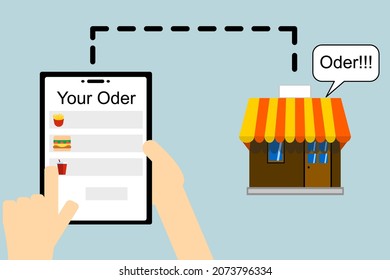 flat design Food delivery app on a Tablet.hand holding tablet, E-commerce concept. Online food order infographic.Online food delivery to your door service.isolate background.