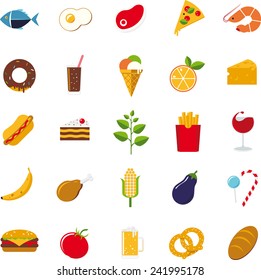 Flat design food and drink vector icon set. Collection of 25 color symbols on white background