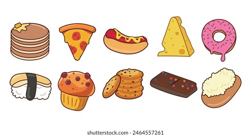 flat design food pizza hot dog cheese donut bread cookies 