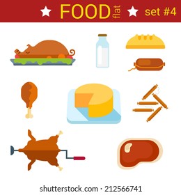 Flat design food vector icon set. Pig grilled, milk, sausage, cheese, chicken, bread, grill and baked. Food collection.