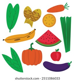 Diseño plano de alimentos, frutas y verduras colección.Ilustración vectorial