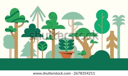 Flat design forest with diverse stylized green trees