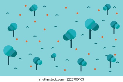 Flat design forest landscape scenery in cute blue themed background illustration.