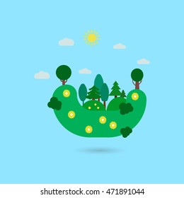 Flat design forest nature landscape illustration with sun, hills and clouds.
