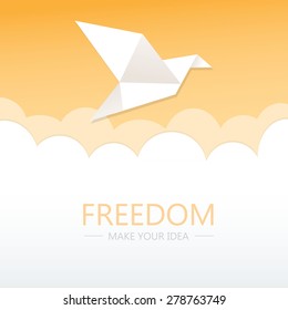 Flat Design, Freedom for idea, Folding paper shape, Bird with orange sky background.