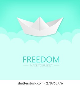 Flat Design, Freedom for idea, Folding paper shape, Boat with green sky background.