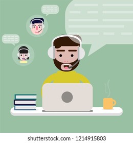 flat design freelance man and outside working office