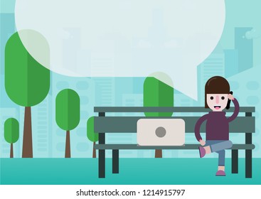 flat design freelance women and outside working office