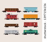 Flat design freight cars bundle including flatcars, hopper, refrigerator, tank, container, gondola and caboose. Rolling stock transport illustration set