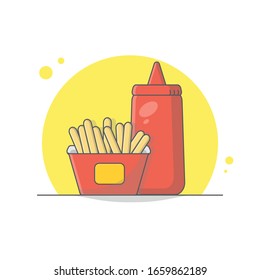 flat design of french fries with a bottle of tomato sauce.
