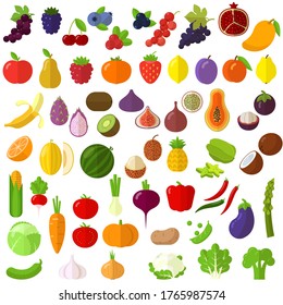 Diseño plano fruta fresca cruda y verduras conjunto de iconos vectoriales.