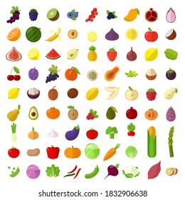 Flat design fresh raw fruits and vegetables vector icon set.