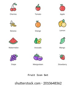 conjunto de iconos de frutos de diseño plano. Banana, mango, naranja, uva, limón, fresa, sandía, tomate