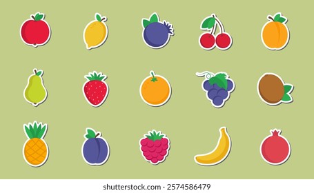 Flat design fruits. Vector illustrations on green background. Stickers. Icons