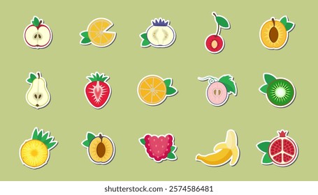 Flat design fruits. Vector illustrations on green background. Stickers. Icons