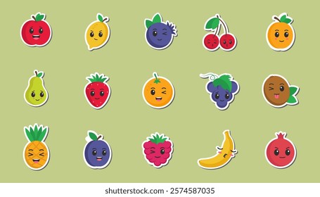 Flat design fruits. Vector illustrations on green background. Stickers. Icons. Emoji