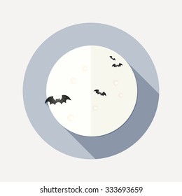 Flat design full moon and bats icon with long shadow