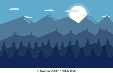 flat design full moon in the sky and nature with tree in forest and mountain,flat concept