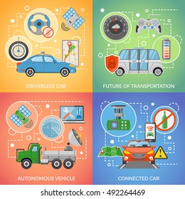 Flat Design Future Of Transportation Driverless Car Autonomous Vehicle Isolated 2x2 Icons Set Vector Illustration