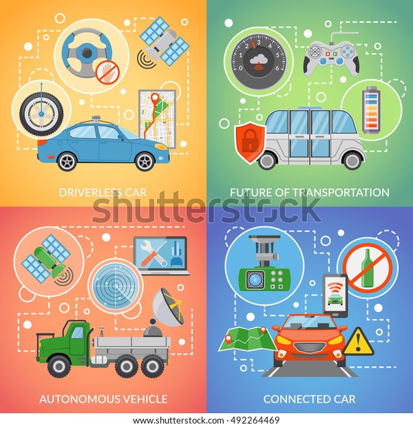 Flat design\
future of transportation driverless car autonomous vehicle isolated\
2x2 icons set vector\
illustration