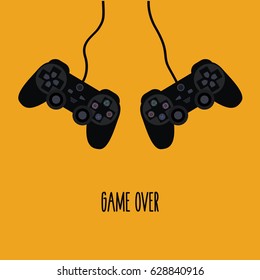 Flat Design Gaming Concept & Creative. Two Black Remote Joystick With Buttons & Forms For Geek Gamers On Yellow Orange Background & Text - Game Over. Computer Play Game Competition Vector Illustration