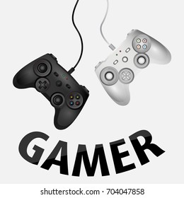 flat design Gaming concept & creative. two black and white remote joystick with buttons & forms for geek gamers on white background & text - gamer. Computer play game competition vector illustration