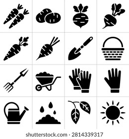 Flat design gardening and farming tools vegetables plants icons with transparent background for digital use