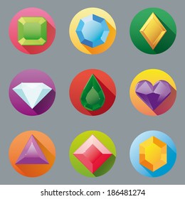 Flat Design Gem Icon Collection. Set of nine flat design gem vector icons.