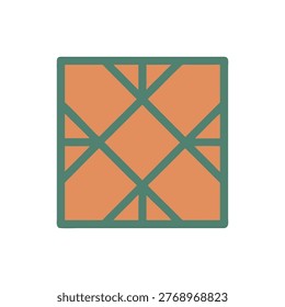 Flat design of a geometric pattern featuring squares, triangles, and intersecting lines in turquoise and copper tones on black.