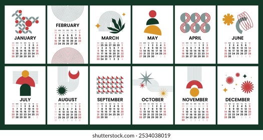 Formas geométricas de diseño plano en estilo Bauhaus para un conjunto de colecciones de calendario de año Nuevo 2025