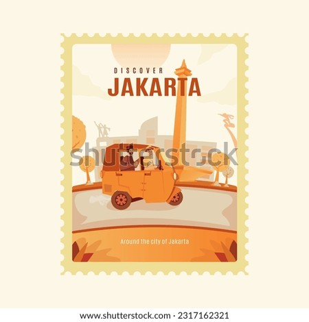 Flat design get around Jakarta city with traditional Bajaj vehicles, Discover Jakarta illustration