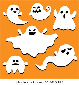 Flat design ghost characters with shadows. Isolated icons. 