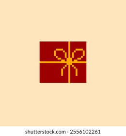 flat design gift box with ribbon in pixel art. red gift box with golden ribbon. chinese new year edition