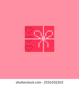 flat design gift box with ribbon in pixel art. pink gift box with pink ribbon. valentine edition