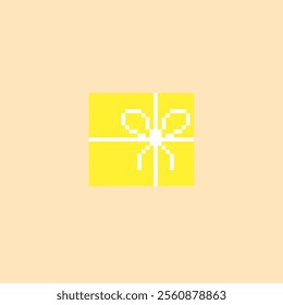 flat design gift box with ribbon in pixel art. yellow gift box with white ribbon