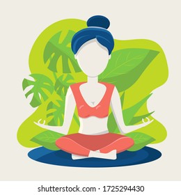 Flat design of a girl doing meditation in lotus pose with tropical plant background, peaceful mind and mental health awareness